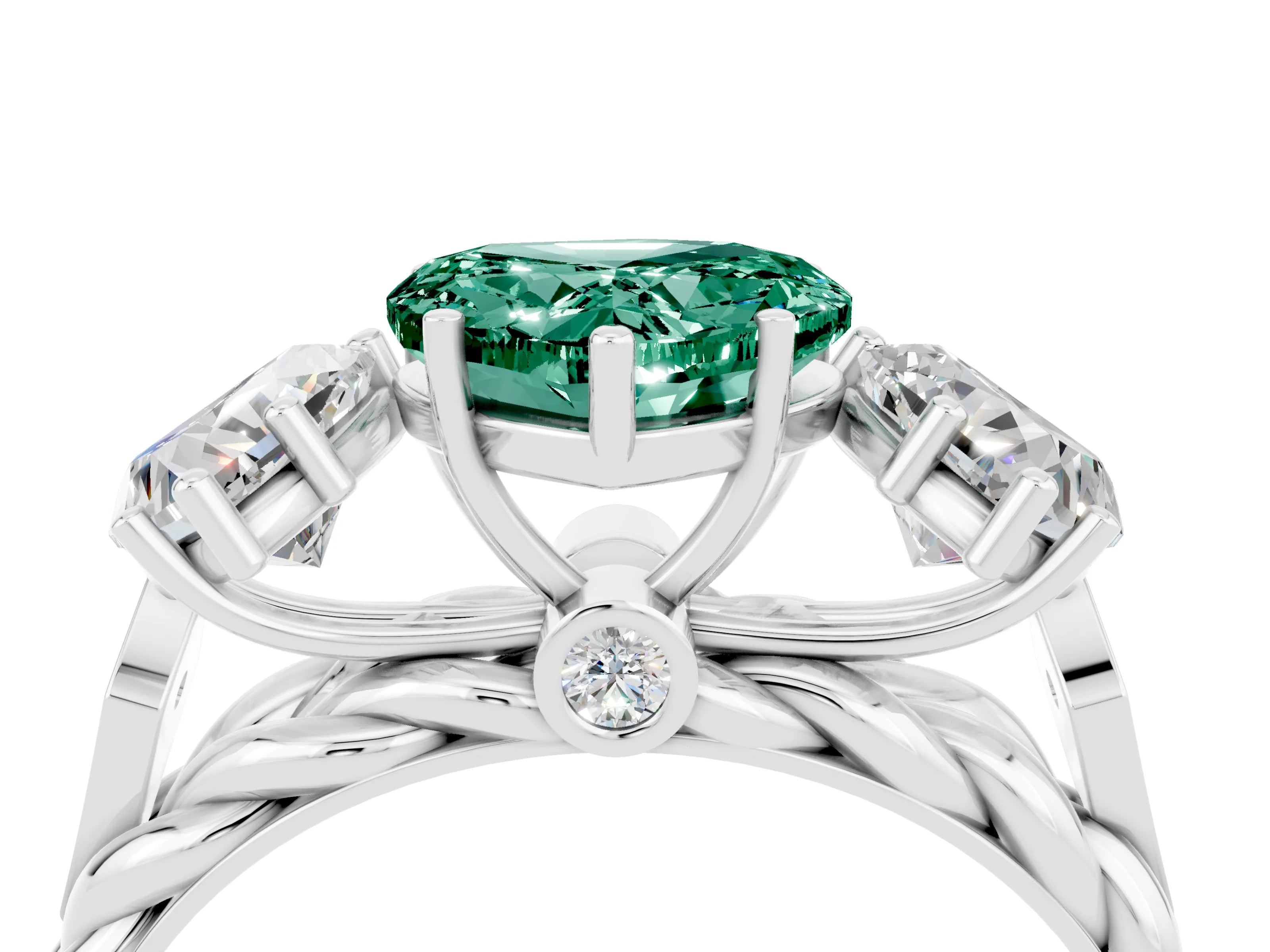 White gold Three-Stone Heart Cut Green Sapphire Braided Band Ring with Four-Prong Setting_16
