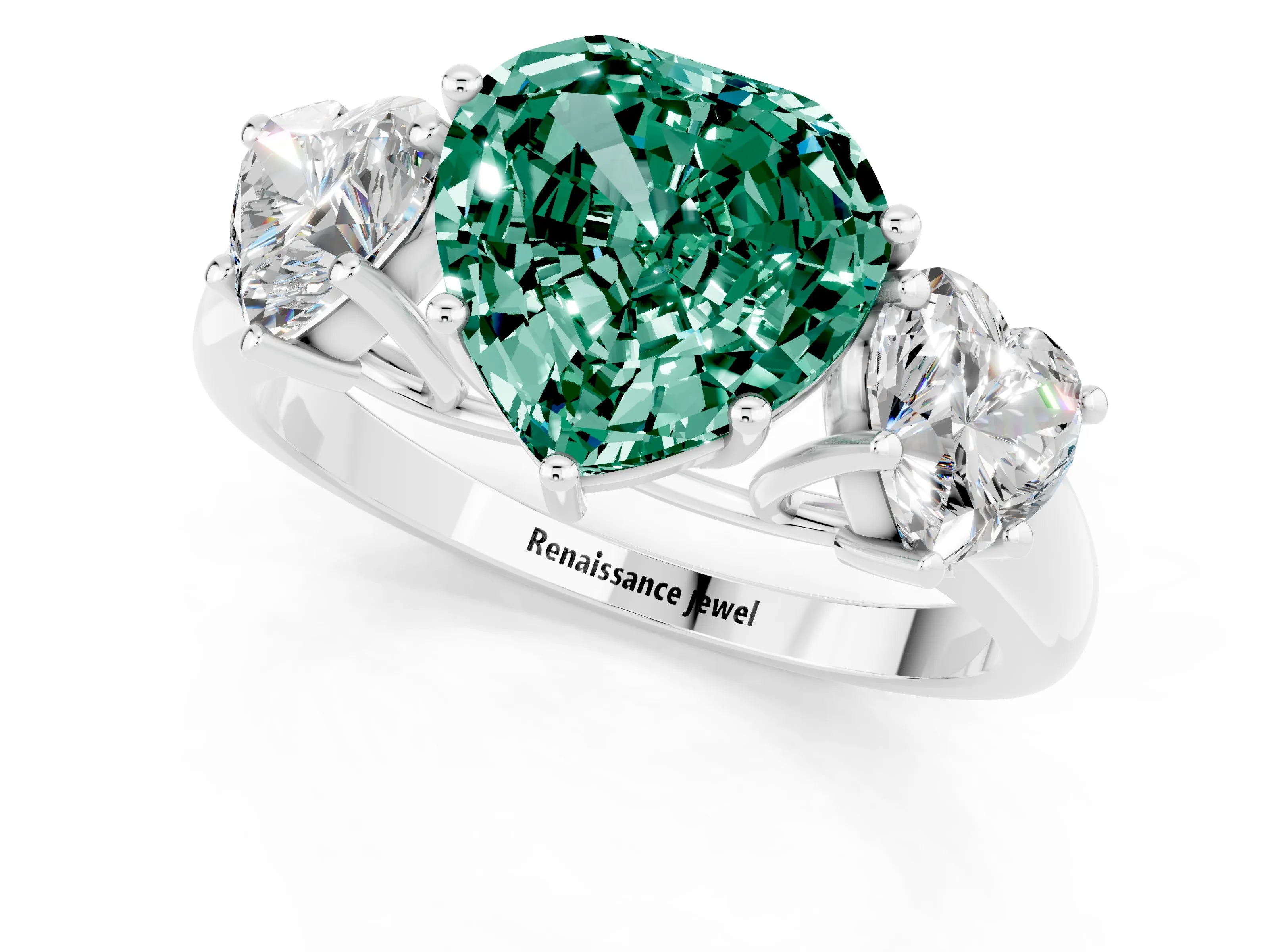 White gold Three-Stone Heart Cut Green Sapphire Engagement Ring with Prong Setting_1
