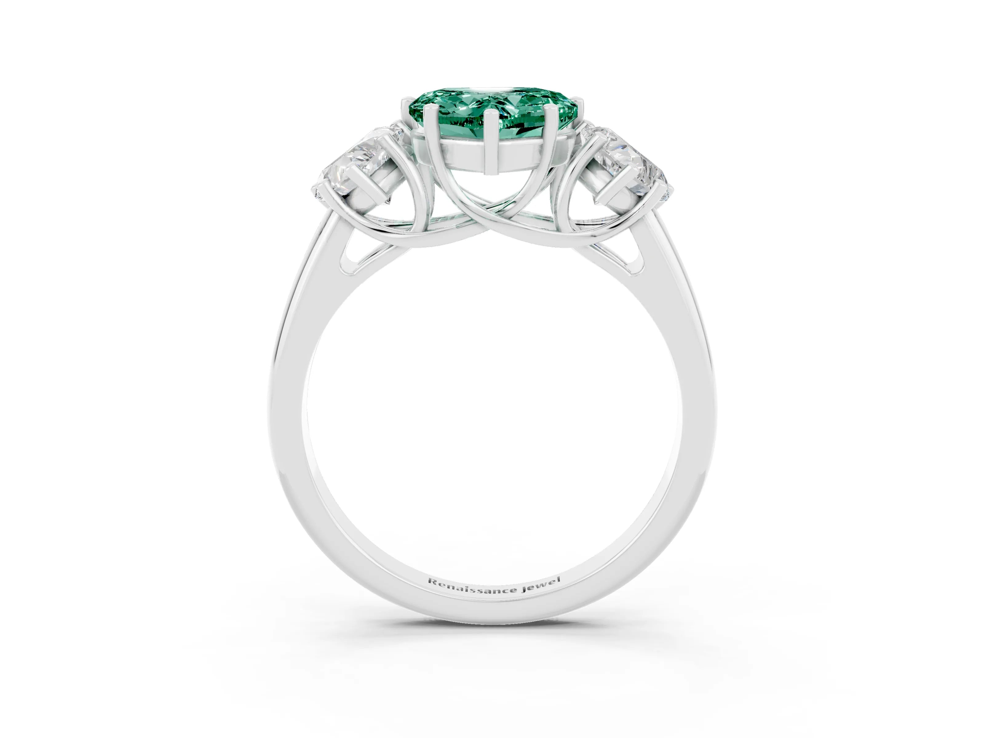 White gold Three-Stone Heart Cut Green Sapphire Engagement Ring with Prong Setting_3