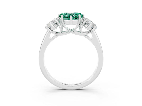 White gold Three-Stone Heart Cut Green Sapphire Engagement Ring with Prong Setting