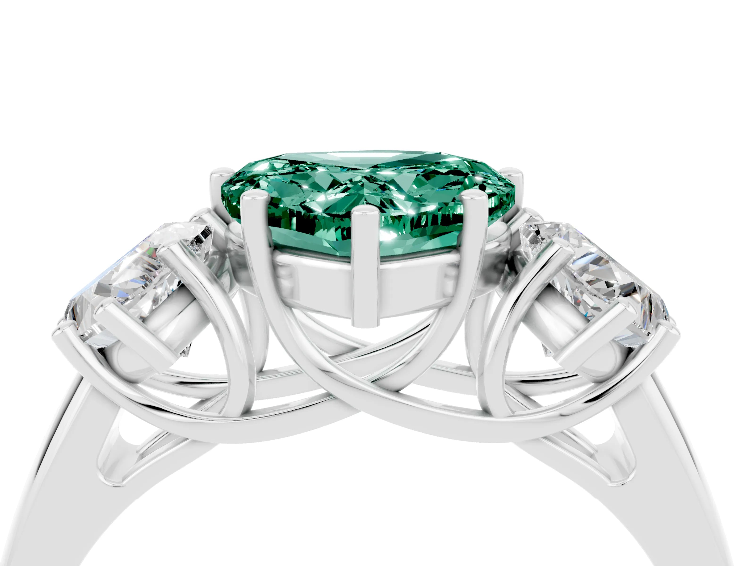 White gold Three-Stone Heart Cut Green Sapphire Engagement Ring with Prong Setting_4