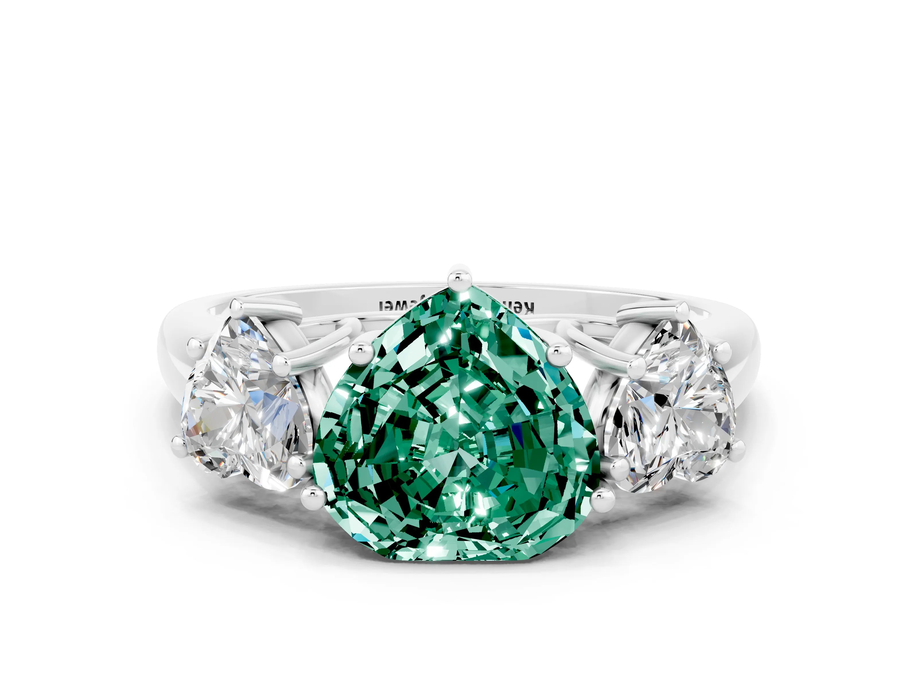 White gold Three-Stone Heart Cut Green Sapphire Engagement Ring with Prong Setting