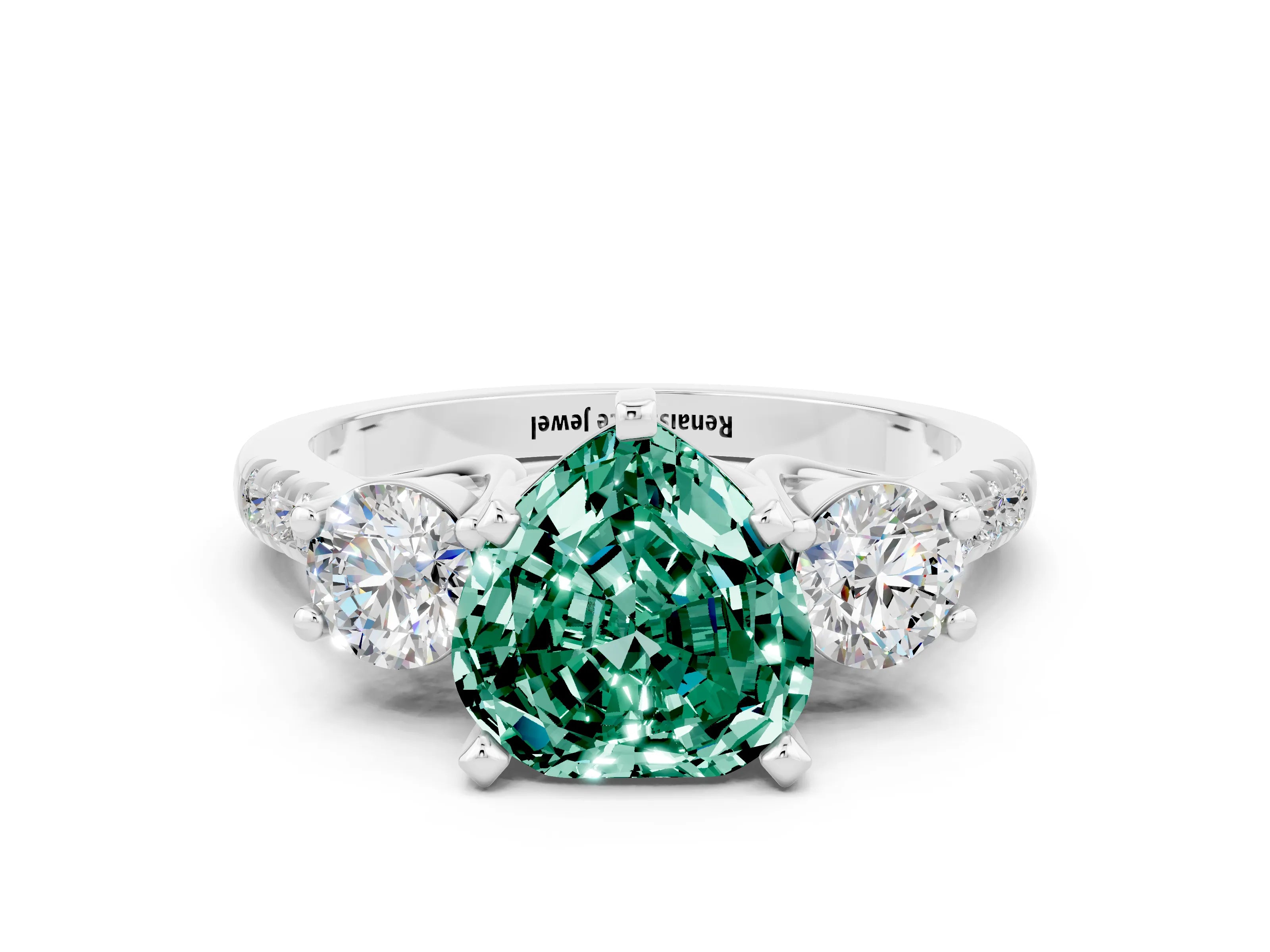 White gold Three-Stone Heart Cut Green Sapphire Pavé Band with Four-Prong Setting