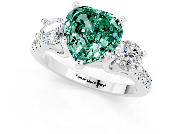 Silver Three-Stone Heart Cut Green Sapphire Pavé Band with Four-Prong Setting