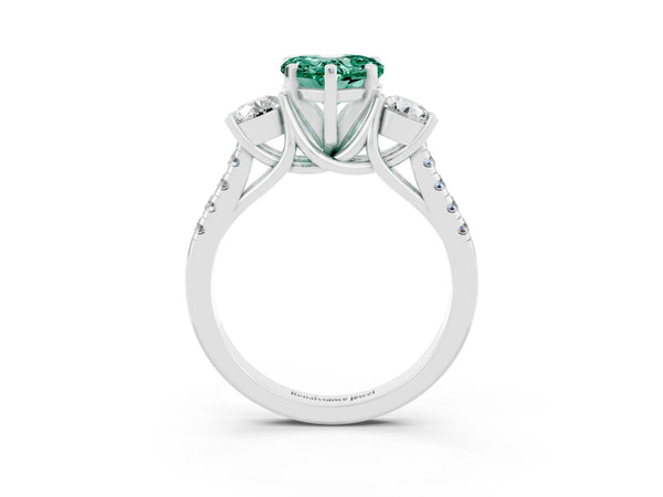 Platinum Three-Stone Heart Cut Green Sapphire Pavé Band with Four-Prong Setting