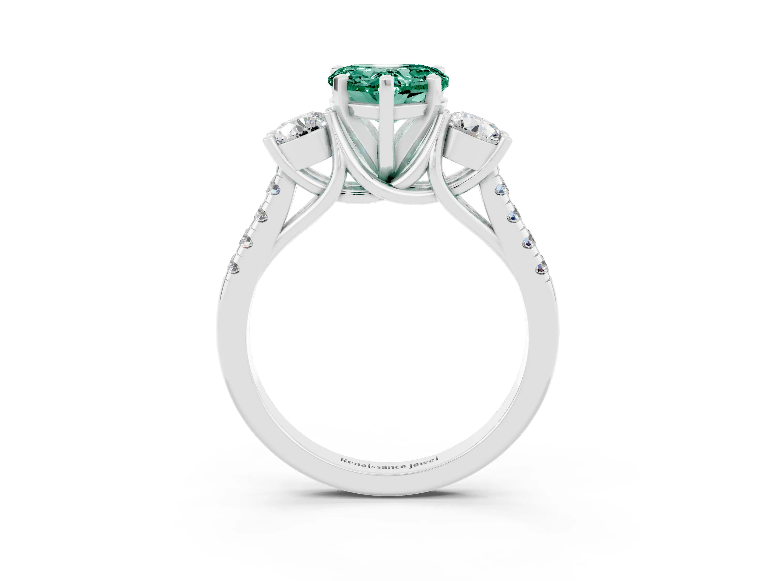 White gold Three-Stone Heart Cut Green Sapphire Pavé Band with Four-Prong Setting_3
