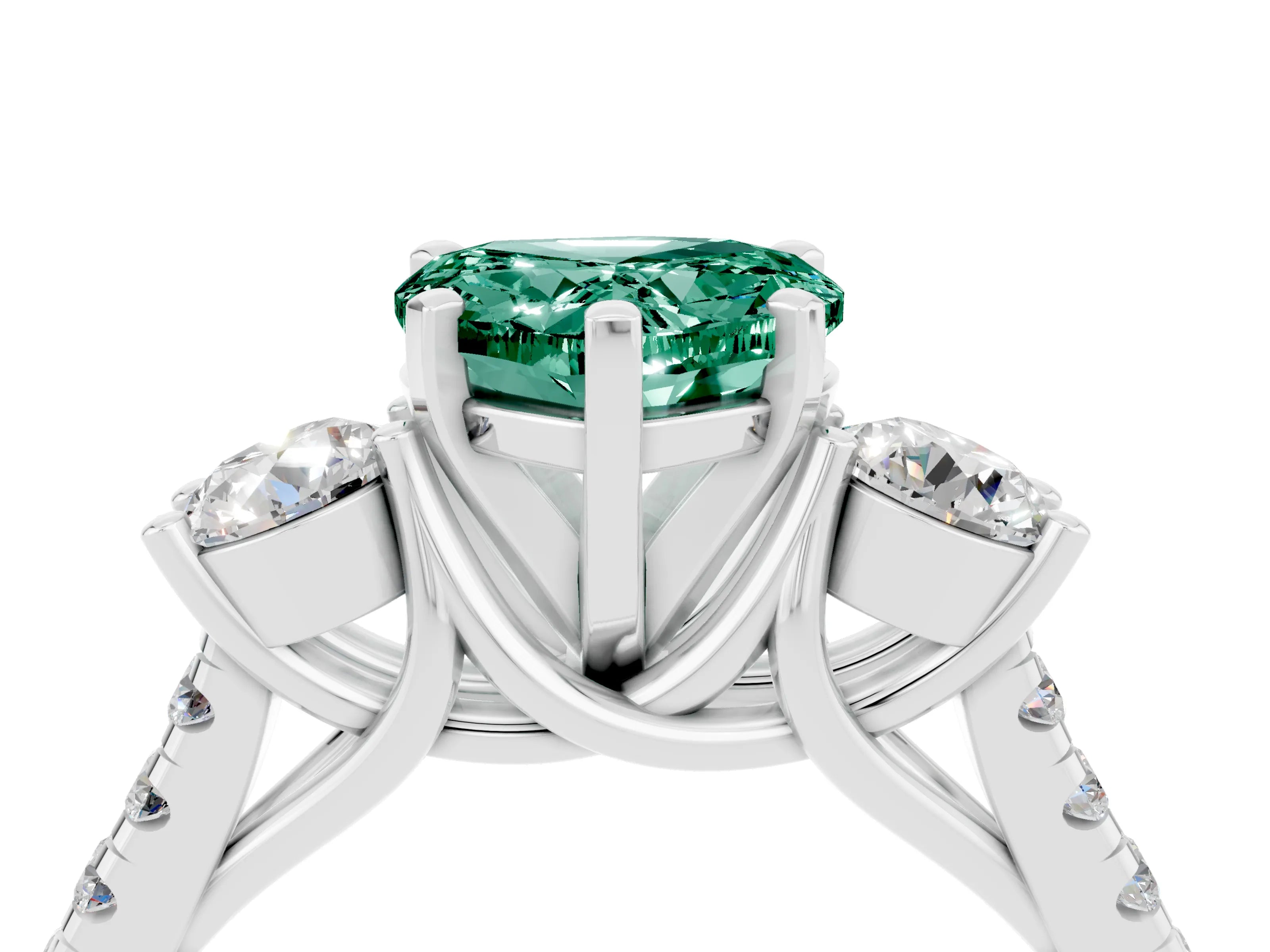 White gold Three-Stone Heart Cut Green Sapphire Pavé Band with Four-Prong Setting_4