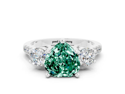 White gold Three-Stone Heart Cut Green Sapphire Pavé Band with Four-Prong Setting