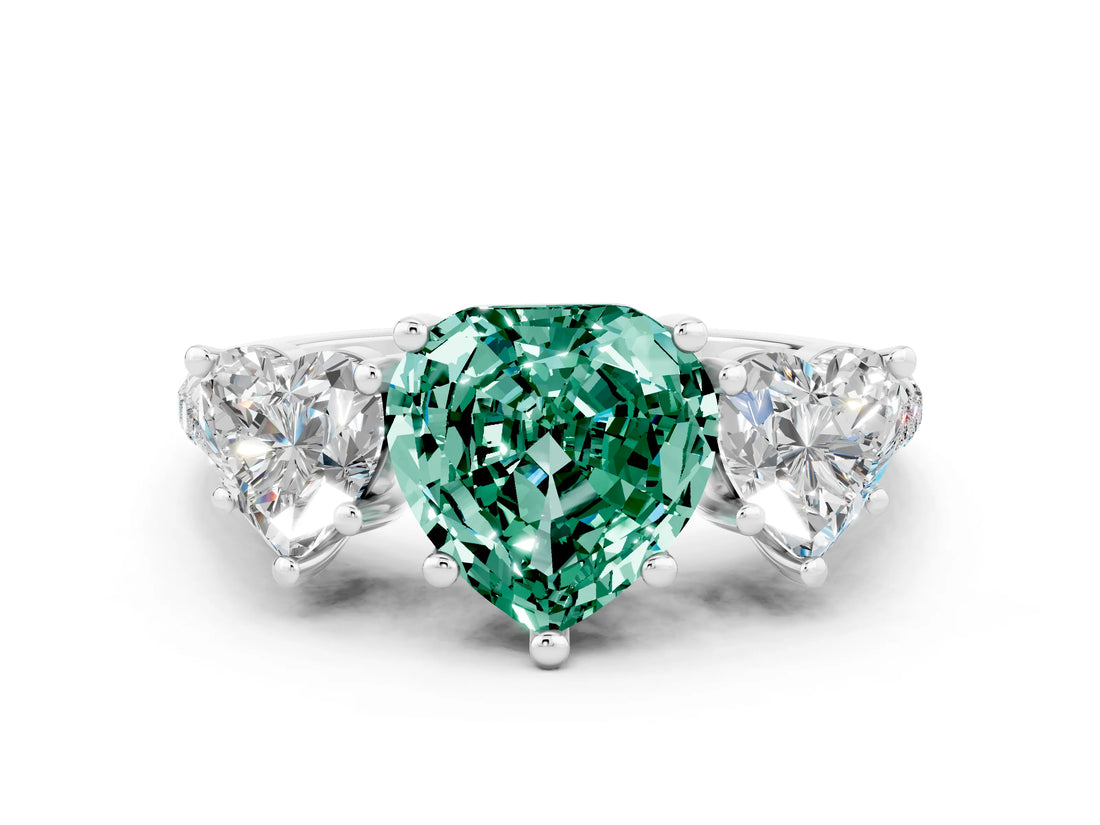 White gold Three-Stone Heart Cut Green Sapphire Ring with Pavé Band and Prong Setting_12