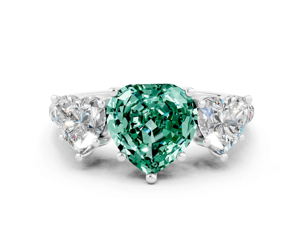 Silver Three-Stone Heart Cut Green Sapphire Ring with Round  Pavé Band and Prong Setting