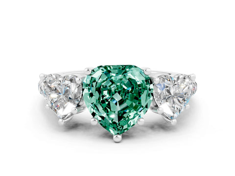 White gold Three-Stone Heart Cut Green Sapphire Ring with Pavé Band and Prong Setting_12