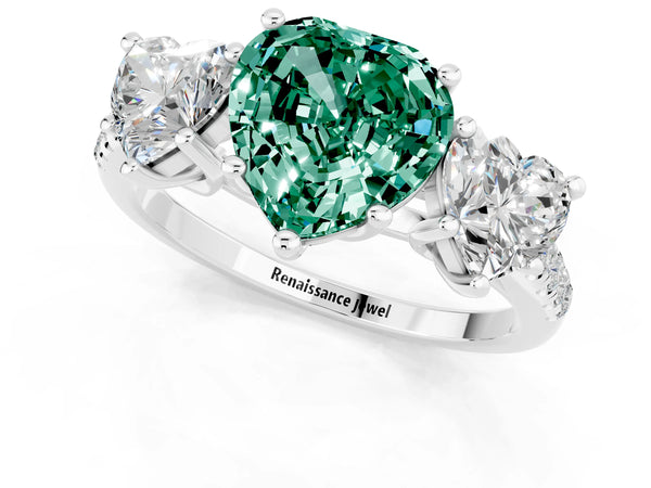 White gold Three-Stone Heart Cut Green Sapphire Ring with Round  Pavé Band and Prong Setting