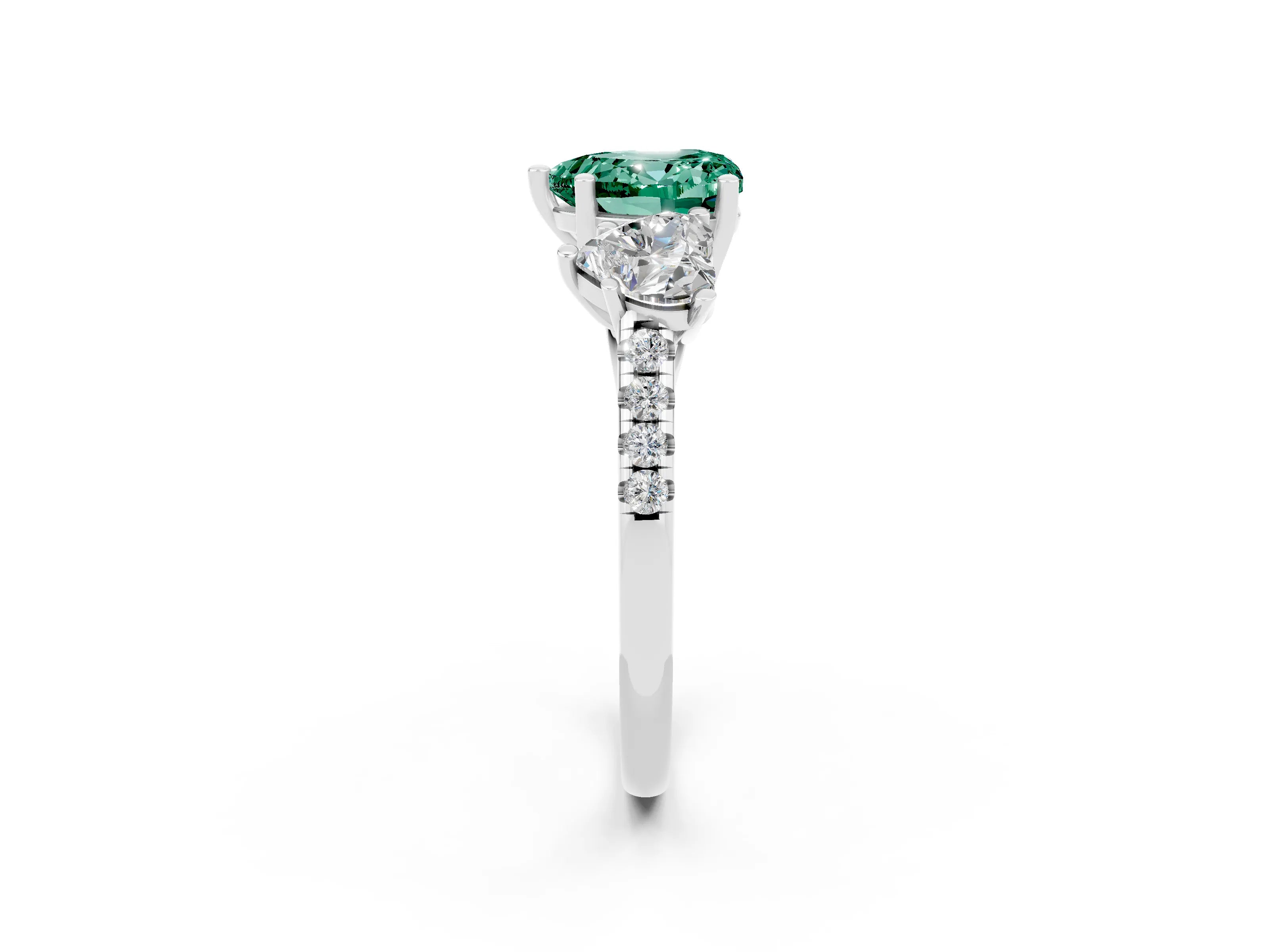 White gold Three-Stone Heart Cut Green Sapphire Ring with Pavé Band and Prong Setting_14