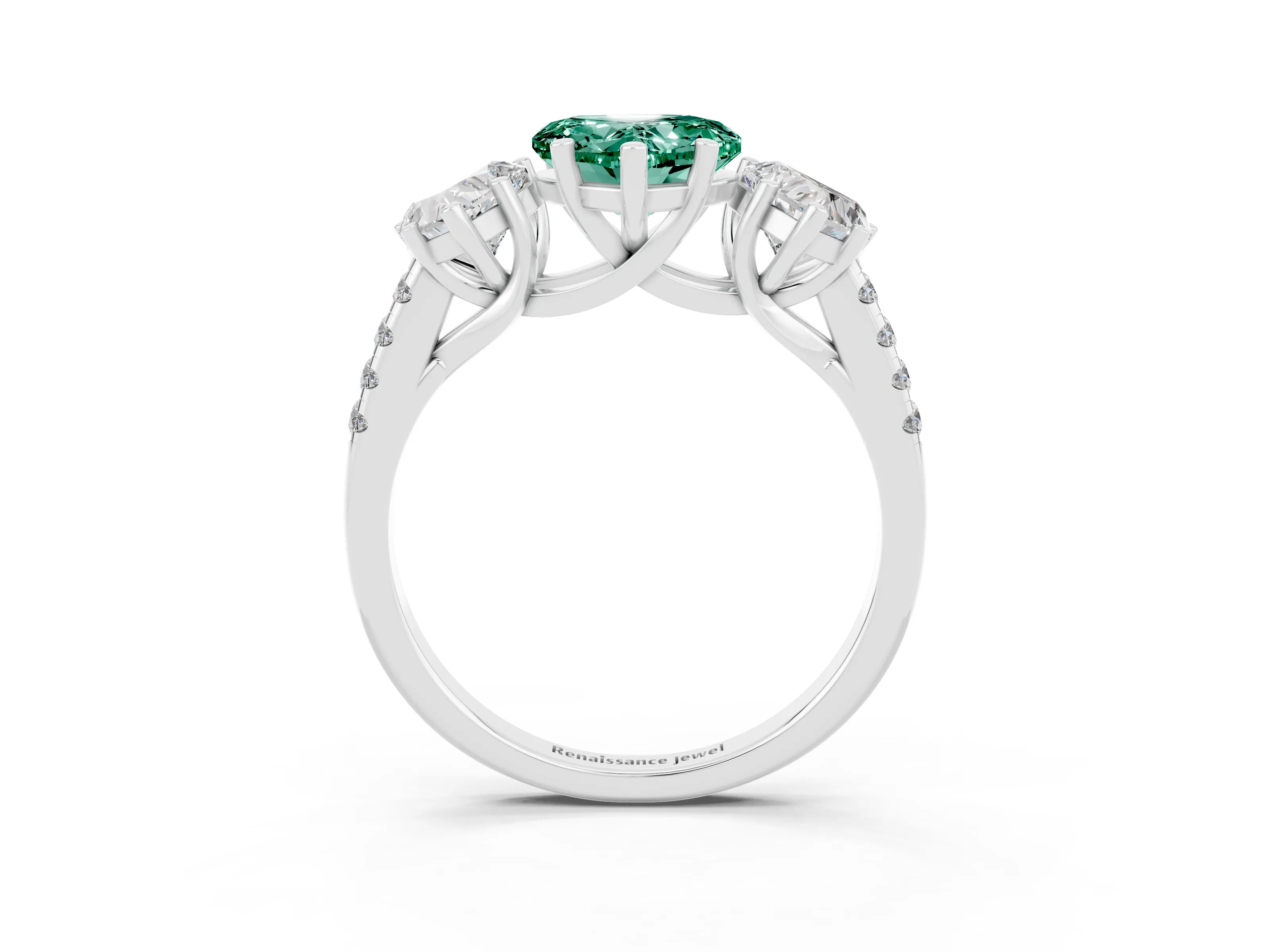White gold Three-Stone Heart Cut Green Sapphire Ring with Pavé Band and Prong Setting_15