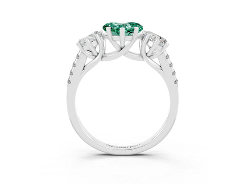 White gold Three-Stone Heart Cut Green Sapphire Ring with Pavé Band and Prong Setting_15