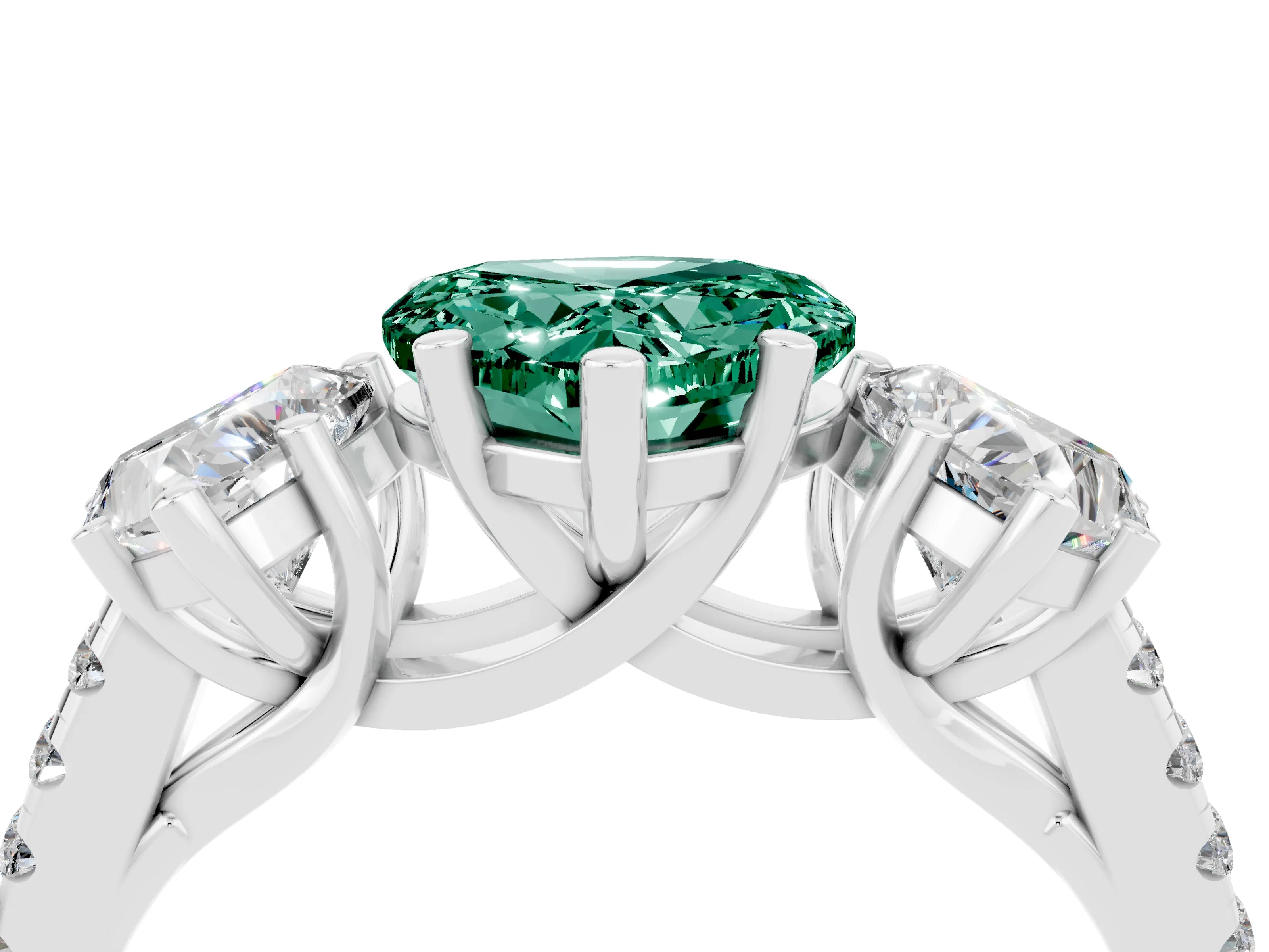White gold Three-Stone Heart Cut Green Sapphire Ring with Pavé Band and Prong Setting_16