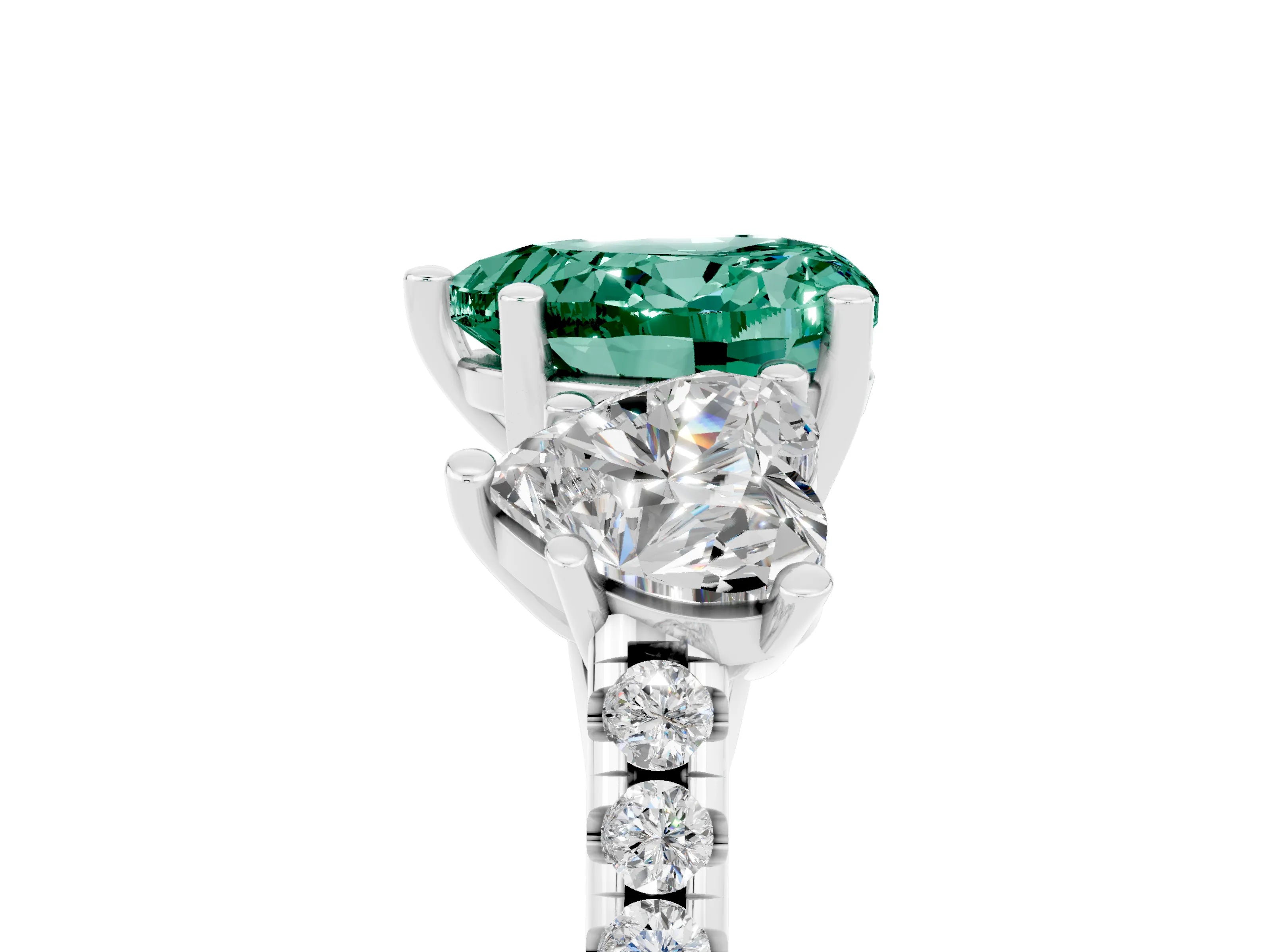 White gold Three-Stone Heart Cut Green Sapphire Ring with Pavé Band and Prong Setting_17