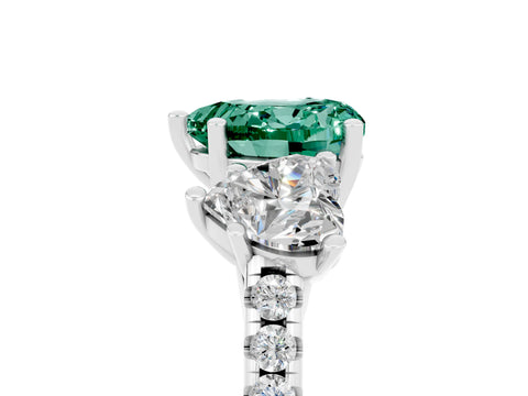 White gold Three-Stone Heart Cut Green Sapphire Ring with Pavé Band and Prong Setting_17