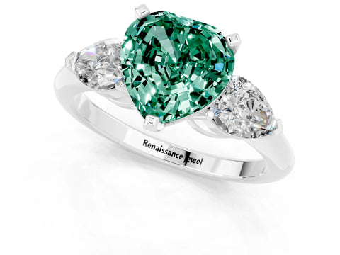 White gold Three-Stone Heart Cut Green Sapphire Ring with Pear Side Stones and Four-Prong Setting_1