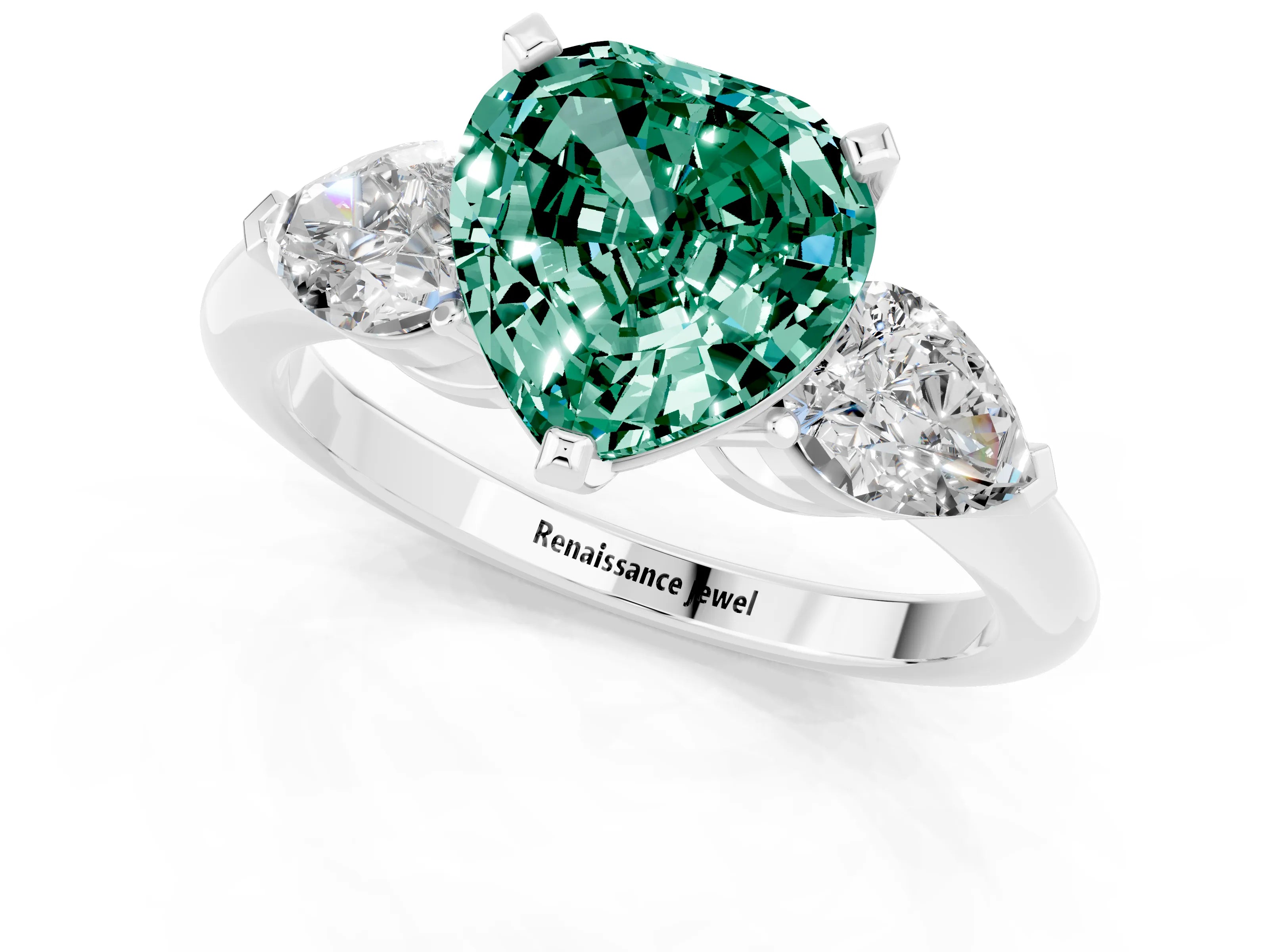 White gold Three-Stone Heart Cut Green Sapphire Ring with Pear Side Stones and Four-Prong Setting_1