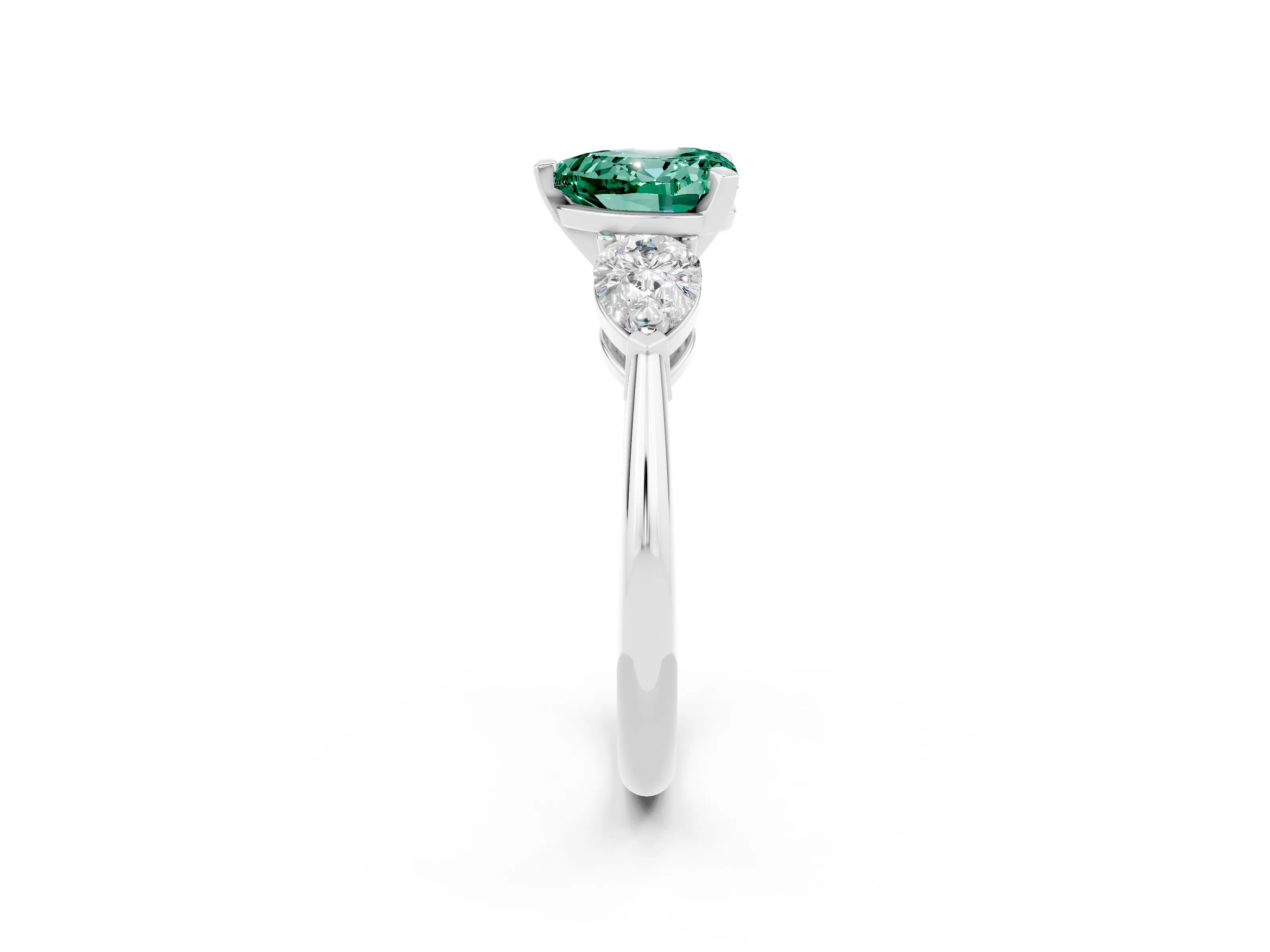 White gold Three-Stone Heart Cut Green Sapphire Ring with Pear Side Stones and Four-Prong Setting_2
