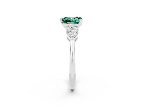 White gold Three-Stone Heart Cut Green Sapphire Ring with Pear Side Stones and Four-Prong Setting_2