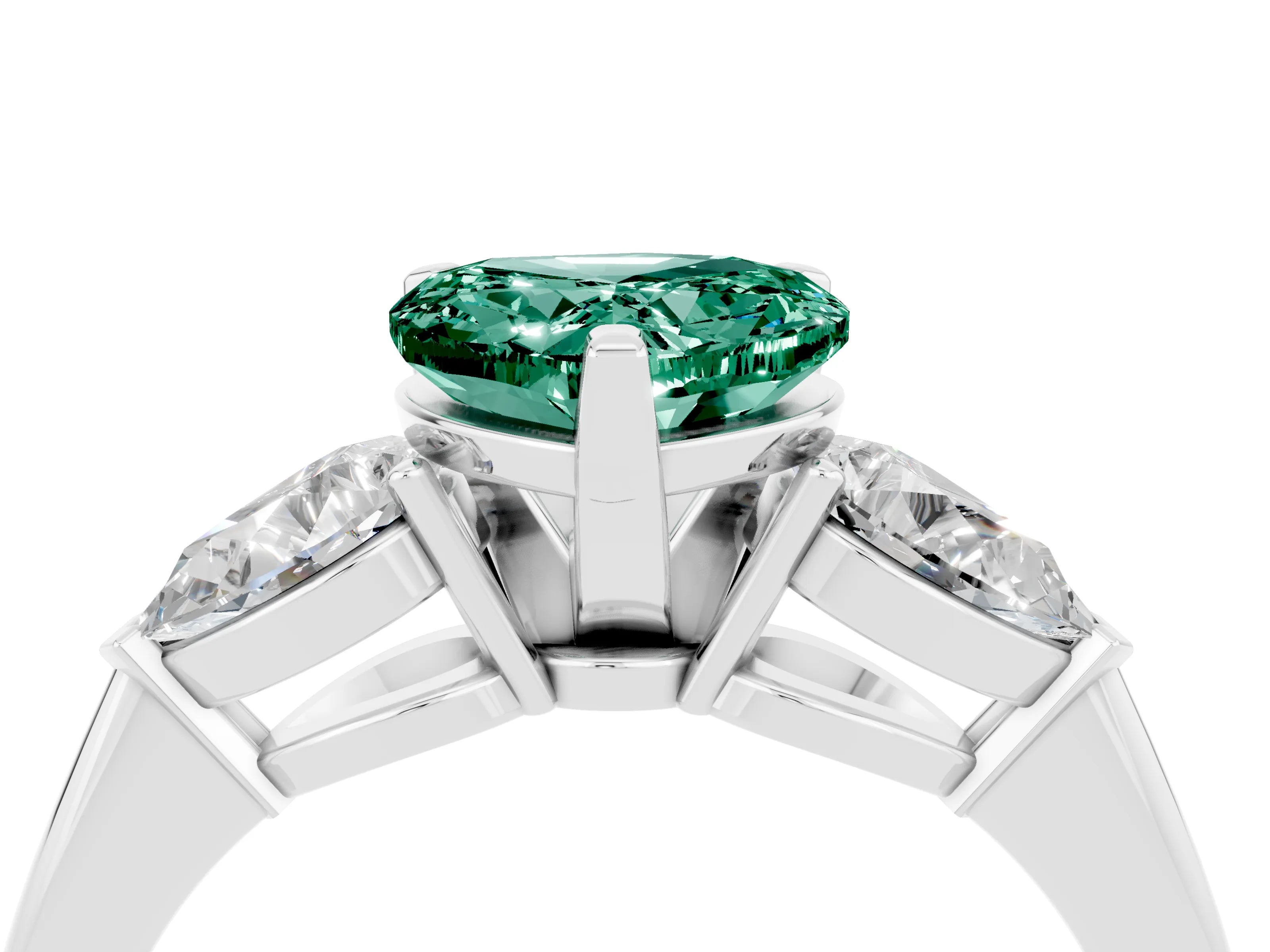 White gold Three-Stone Heart Cut Green Sapphire Ring with Pear Side Stones and Four-Prong Setting_4