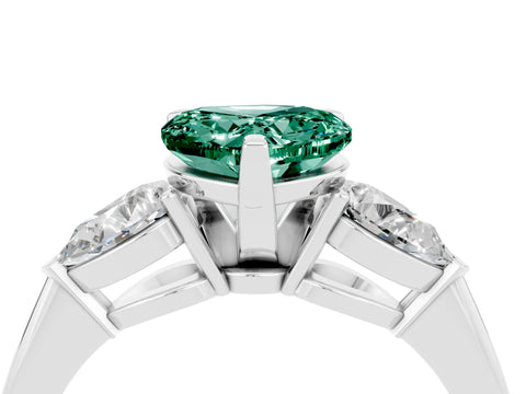 White gold Three-Stone Heart Cut Green Sapphire Ring with Pear Side Stones and Four-Prong Setting_4