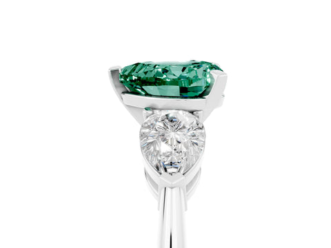 White gold Three-Stone Heart Cut Green Sapphire Ring with Pear Side Stones and Four-Prong Setting_5