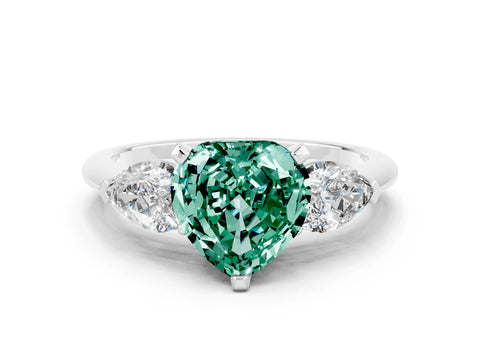 White gold Three-Stone Heart Cut Green Sapphire Ring with Pear Side Stones and Four-Prong Setting