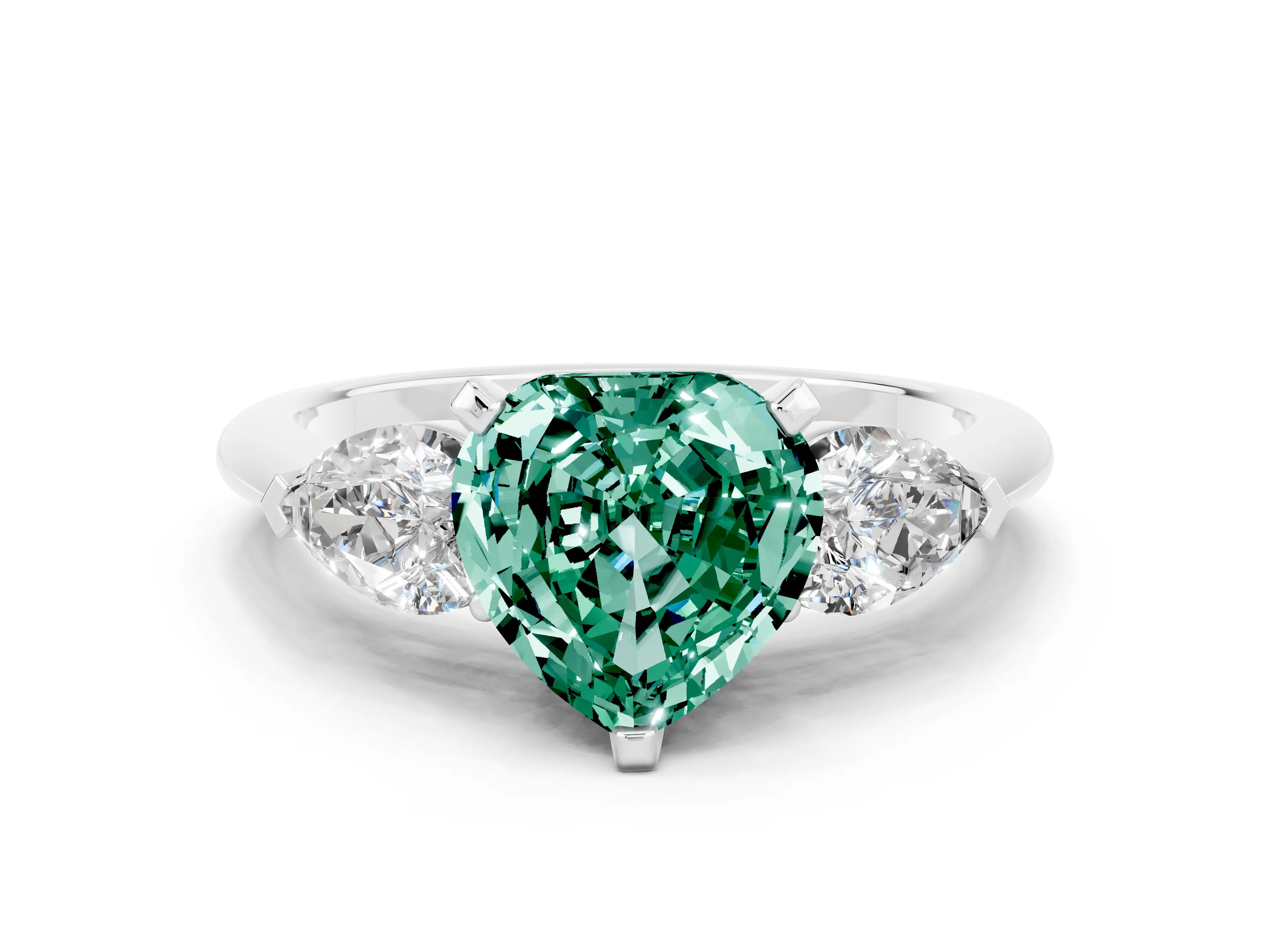 White gold Three-Stone Heart Cut Green Sapphire Ring with Pear Side Stones and Four-Prong Setting