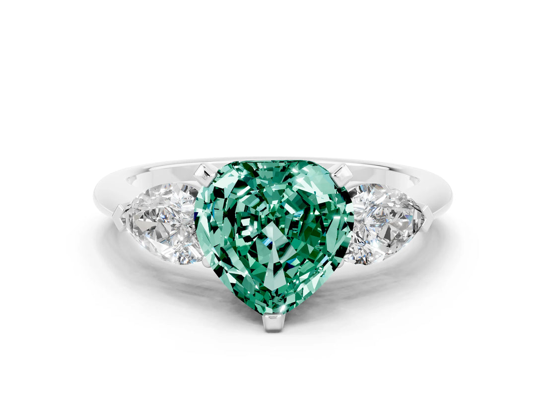 White gold Three-Stone Heart Cut Green Sapphire Ring with Pear Side Stones and Four-Prong Setting