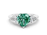 White gold Three-Stone Heart Cut Green Sapphire Ring with Pear Side Stones and Four-Prong Setting