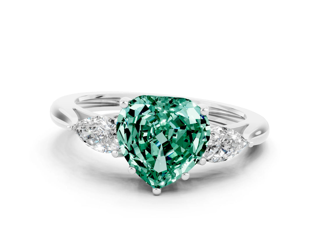 White gold Three-Stone Heart Cut Green Sapphire Ring with Pear  Side Stones in Four-Prong Setting_12