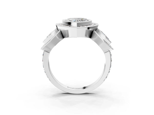 White Gold Heart-Shaped Bezel Three Stone Halo Engagement Ring Setting with Pave Shoulders