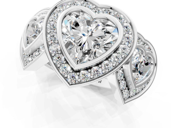 White Gold Heart-Shaped Bezel Three Stone Halo Engagement Ring Setting with Pave Shoulders