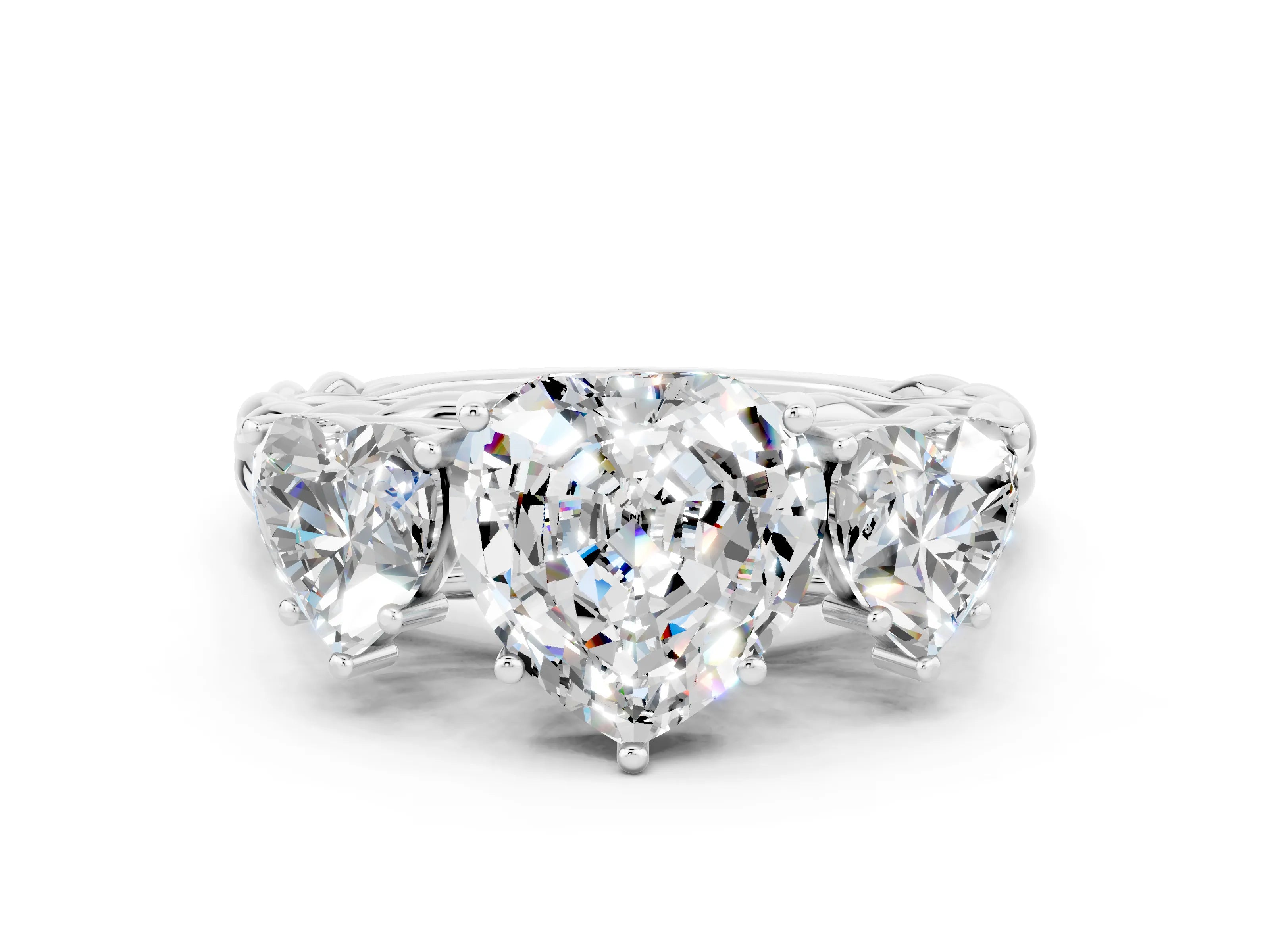 White gold Three-Stone Heart Cut Moissanite Braided Band Ring with Four-Prong Setting_12