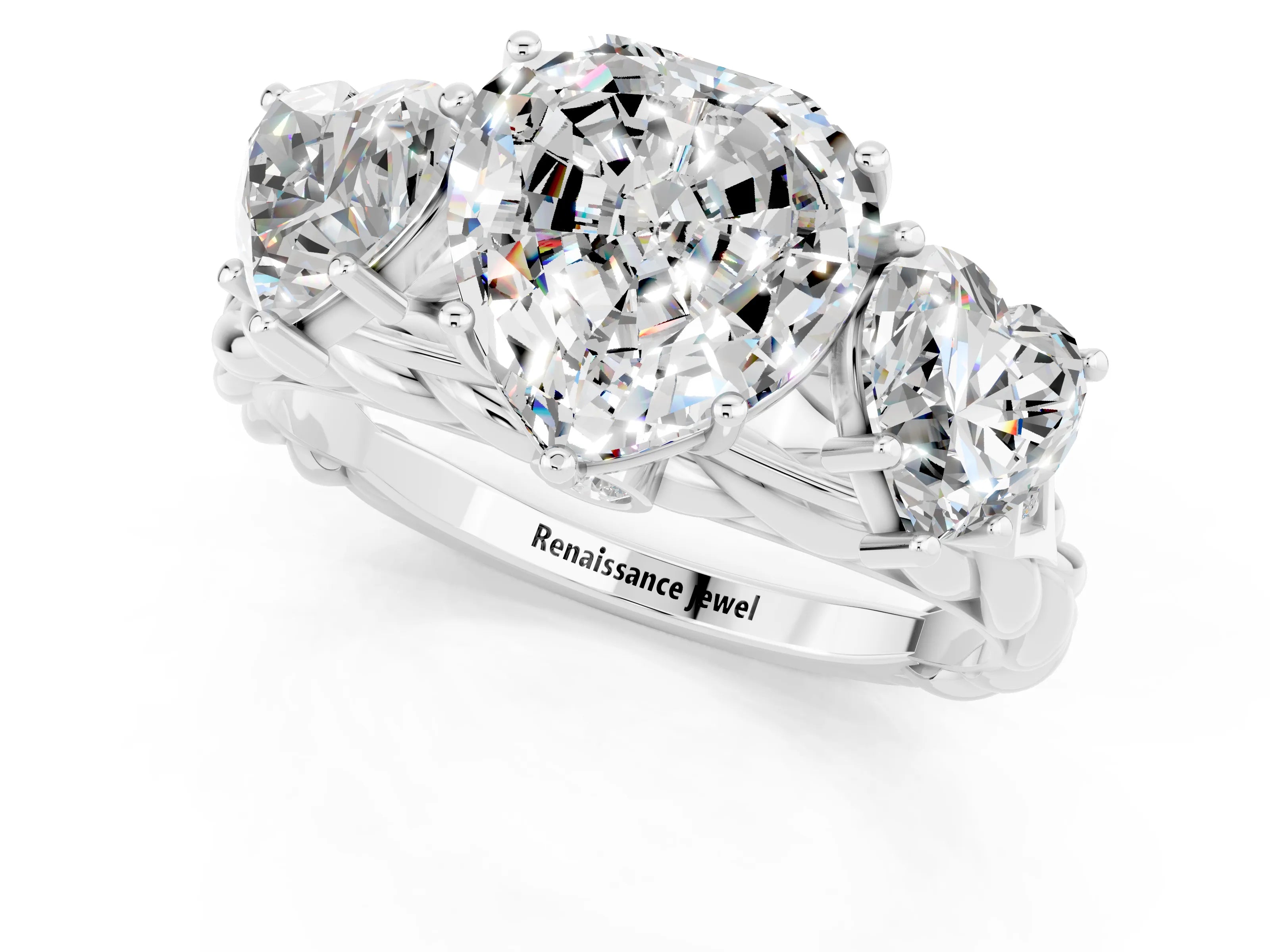 White gold Three-Stone Heart Cut Moissanite Braided Band Ring with Four-Prong Setting_13