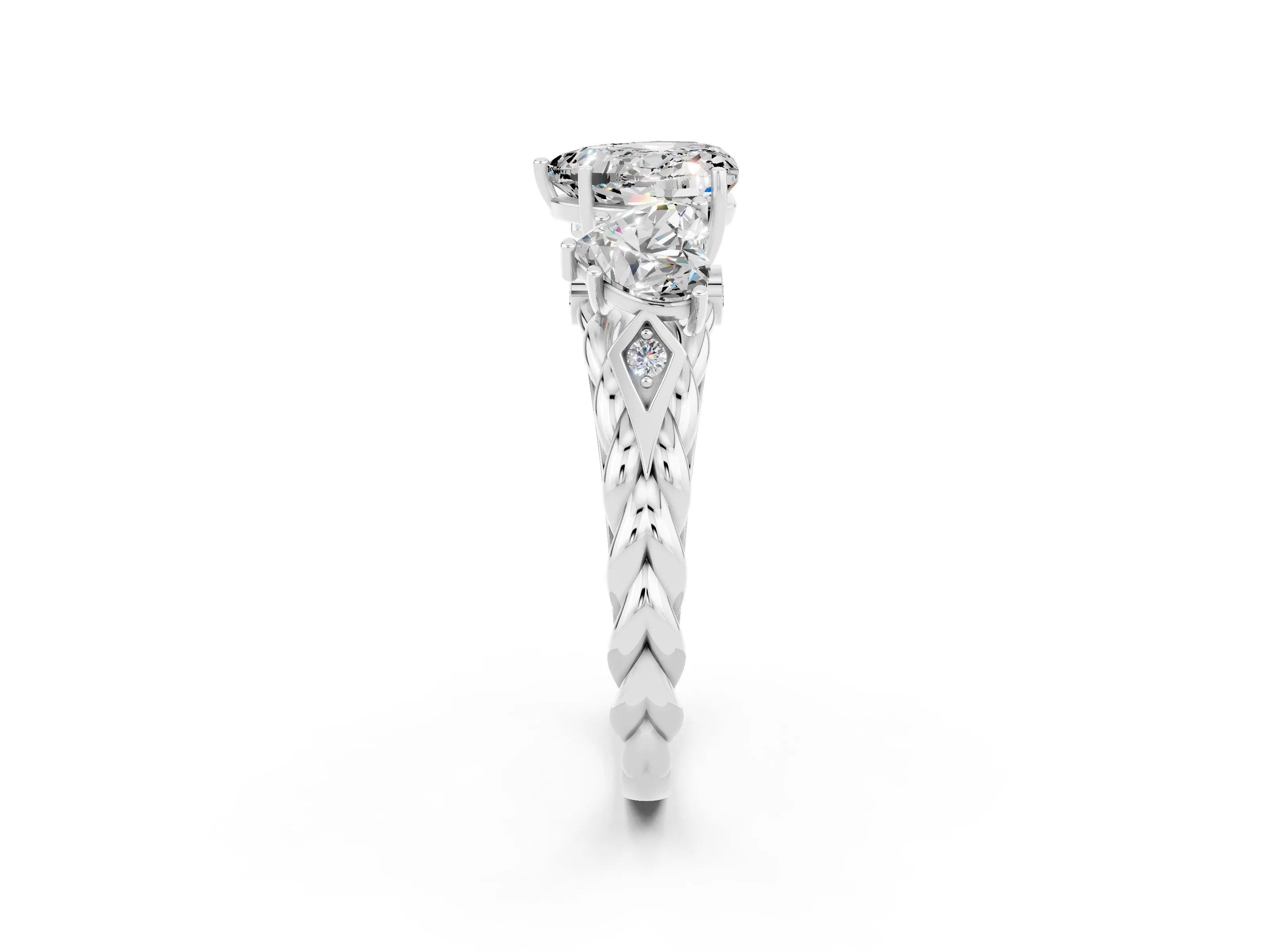 White gold Three-Stone Heart Cut Moissanite Braided Band Ring with Four-Prong Setting_14