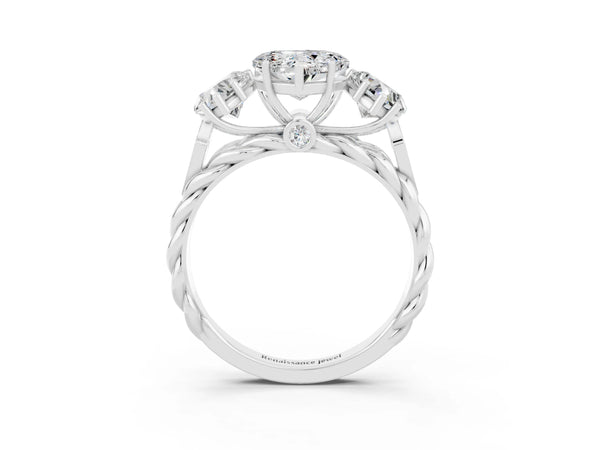 Silver Three-Stone Heart Cut Moissanite Braided Band Ring with Four-Prong Setting