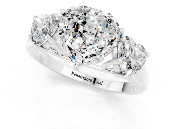 Silver Three-Stone Heart Cut Moissanite Engagement Ring with Prong Setting