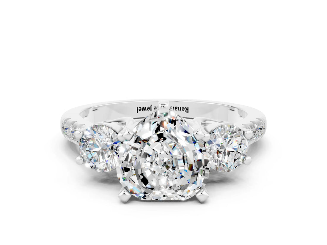 White gold Three-Stone Heart Cut Moissanite Pavé Band with Four-Prong Setting