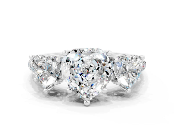 Platinum Three-Stone Heart Cut Moissanite Ring with Round  Pavé Band and Prong Setting