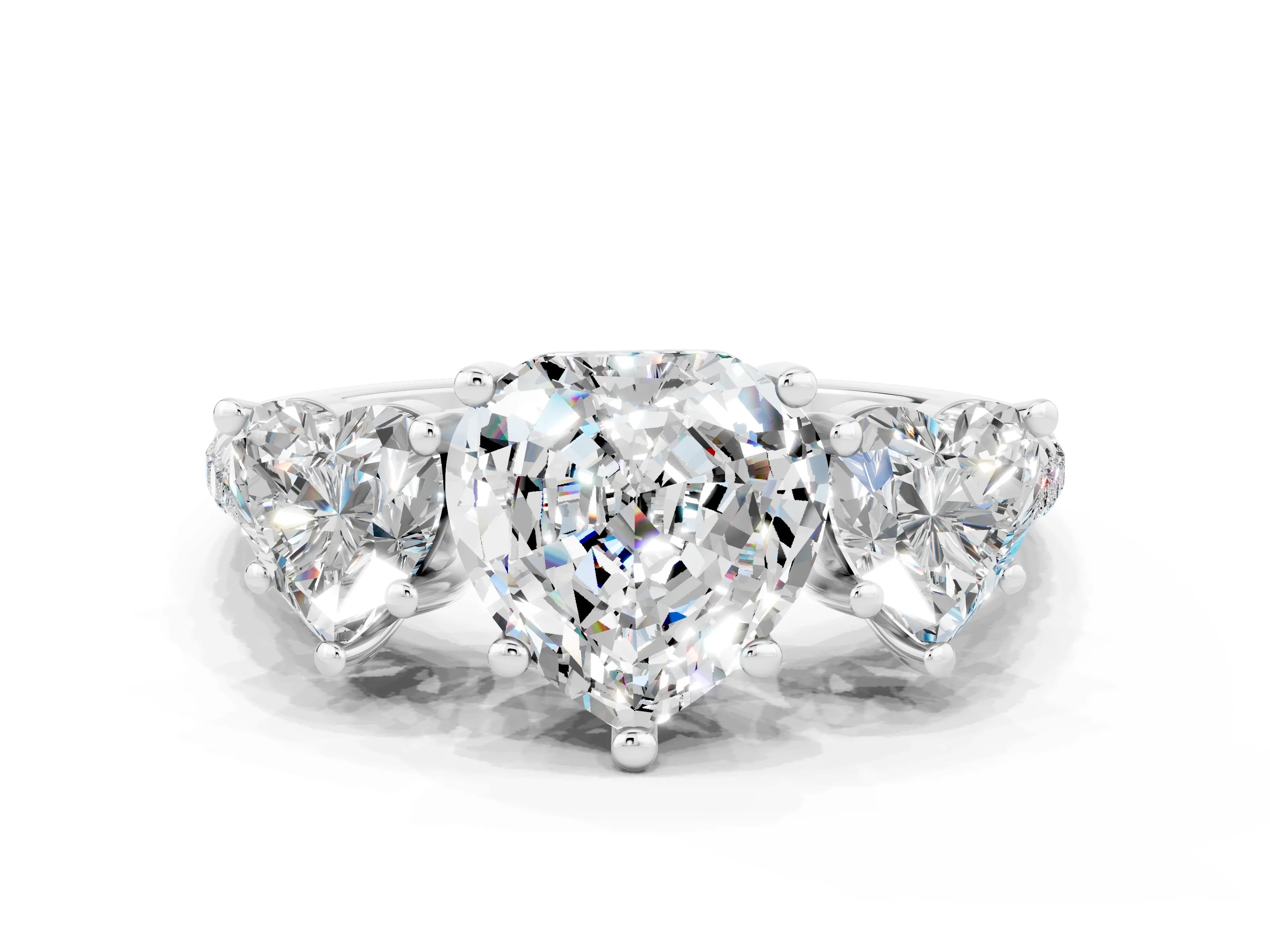 White gold Three-Stone Heart Cut Moissanite Ring with Pavé Band and Prong Setting_12