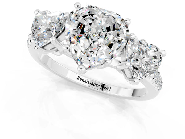Platinum Three-Stone Heart Cut Moissanite Ring with Round  Pavé Band and Prong Setting