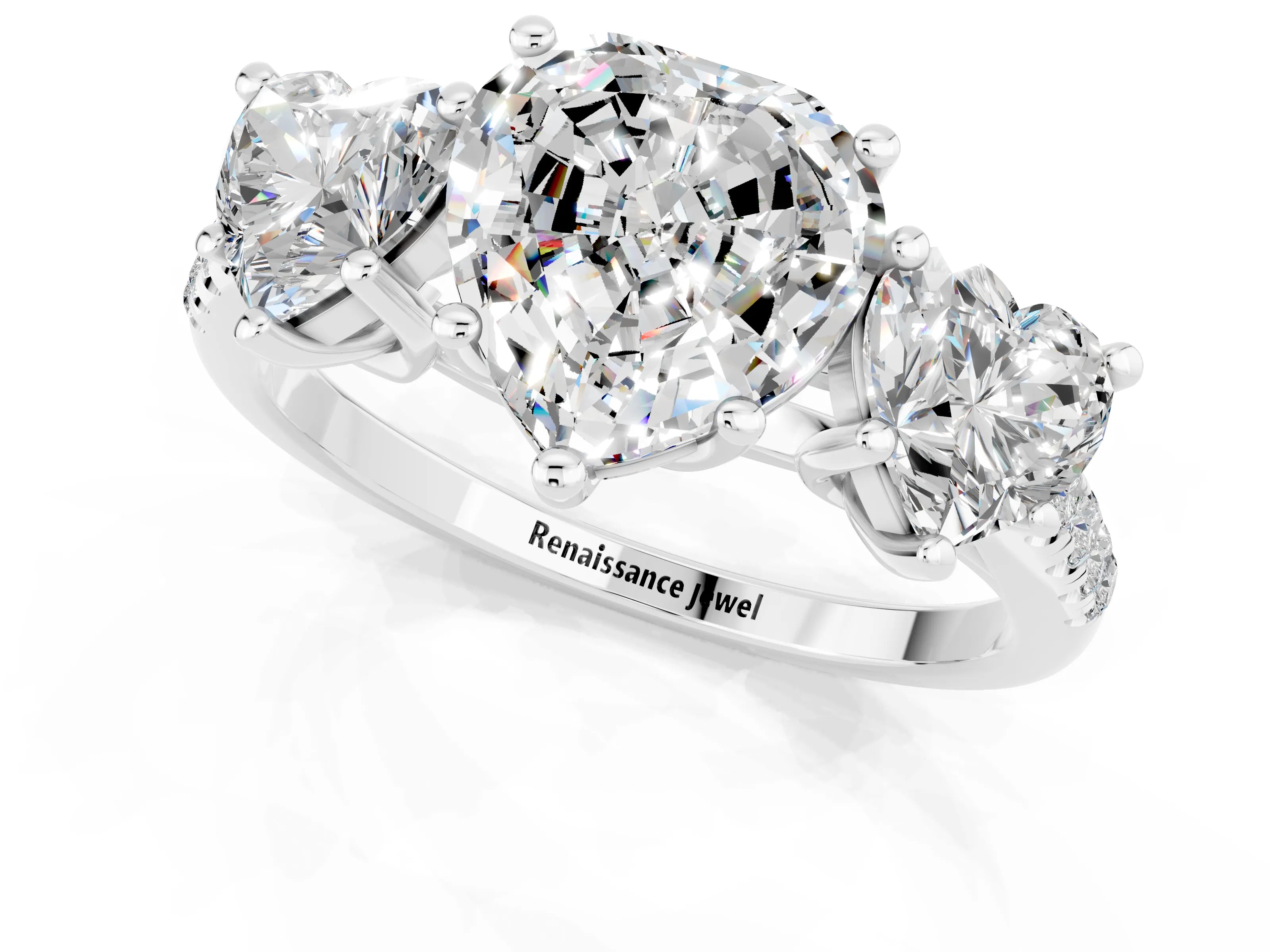 White gold Three-Stone Heart Cut Moissanite Ring with Pavé Band and Prong Setting_13