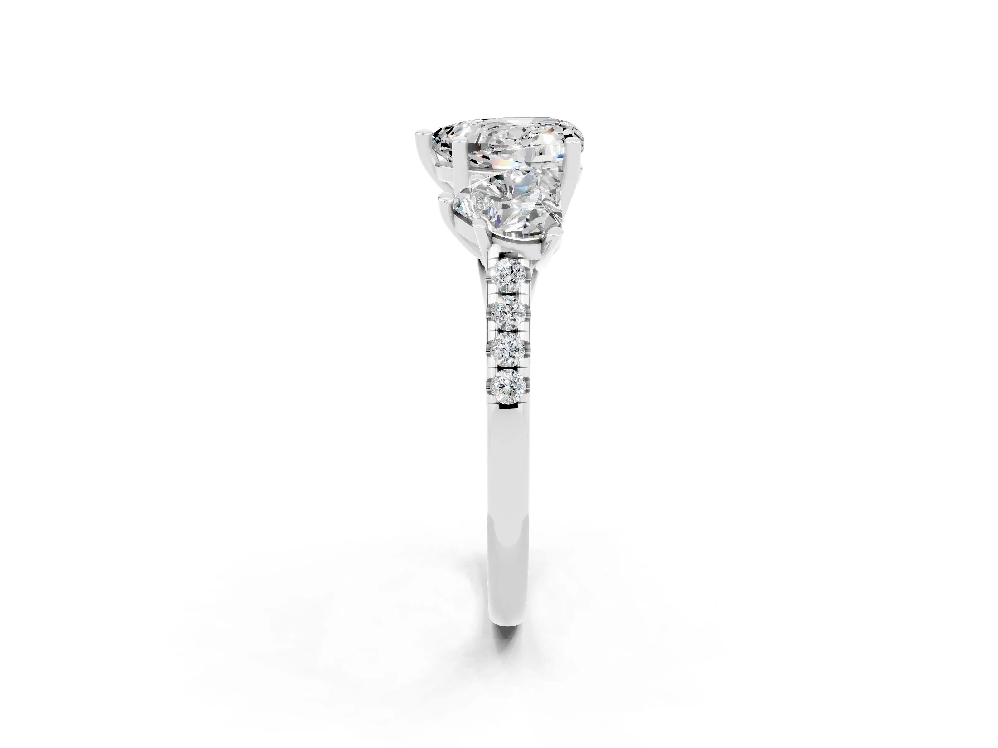 White gold Three-Stone Heart Cut Moissanite Ring with Pavé Band and Prong Setting_14