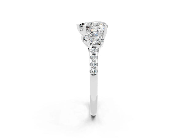 White gold Three-Stone Heart Cut Moissanite Ring with Round  Pavé Band and Prong Setting