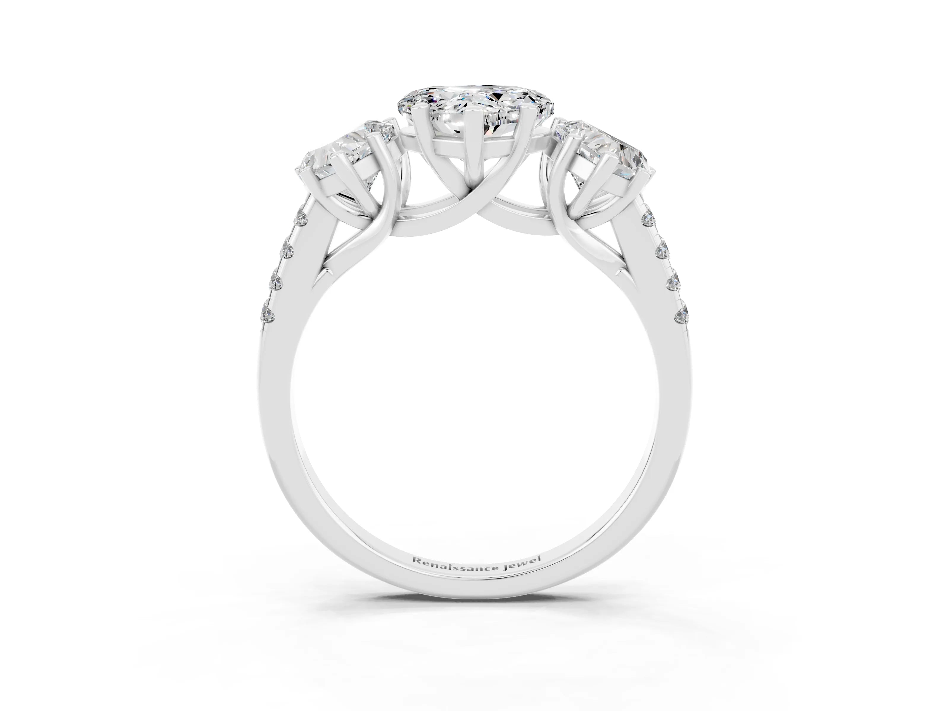 White gold Three-Stone Heart Cut Moissanite Ring with Pavé Band and Prong Setting_15