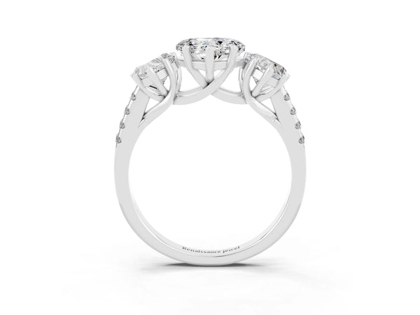 White gold Three-Stone Heart Cut Moissanite Ring with Round  Pavé Band and Prong Setting